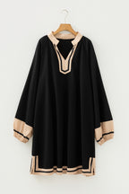 Black Plus Size Color Block Striped Trim V Neck Long Sleeve Shift Mini Dress