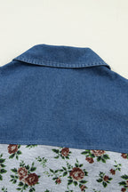 Gray Retro Floral Print Denim Patchwork Buttoned Polo Collar Top