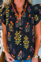 Black Floral Print Lace Trim Frilled V Neck Short Sleeve Shirt