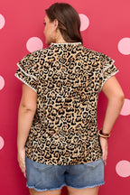 Khaki Plus Size Leopard Print Stitch Detail Ruffled Short Sleeve Blouse