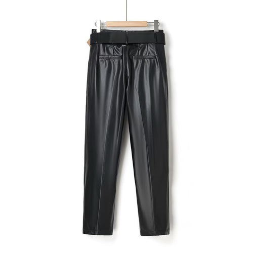 Belted Slim Fit Versatile Skinny Faux Leather Pants for Women