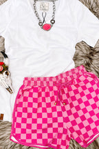 Black Checkered Drawstring Elastic Waist Casual Shorts