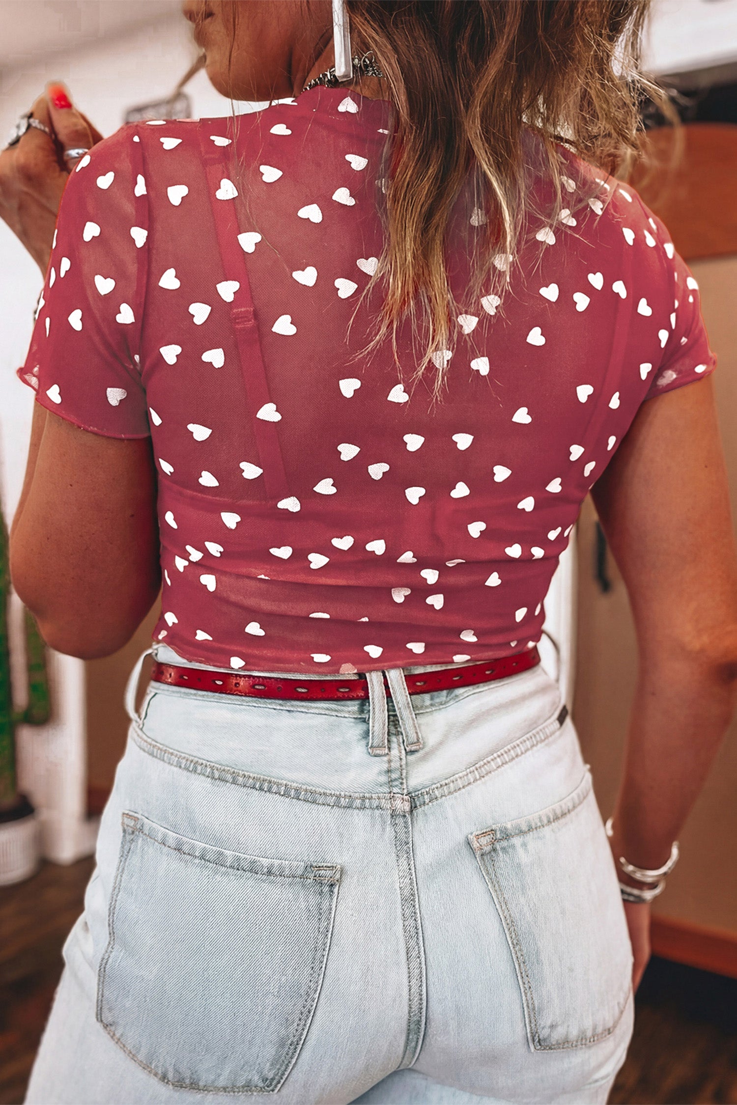 Red Allover Heart Print Mesh Short Sleeve Top