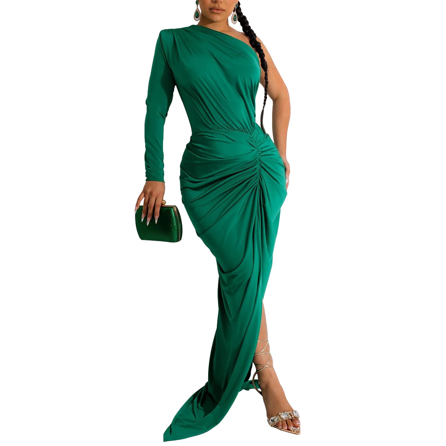 Fashion Women's Solid Color Asymmetrical Neck Single Long Sleeve Long Dress with Pleats