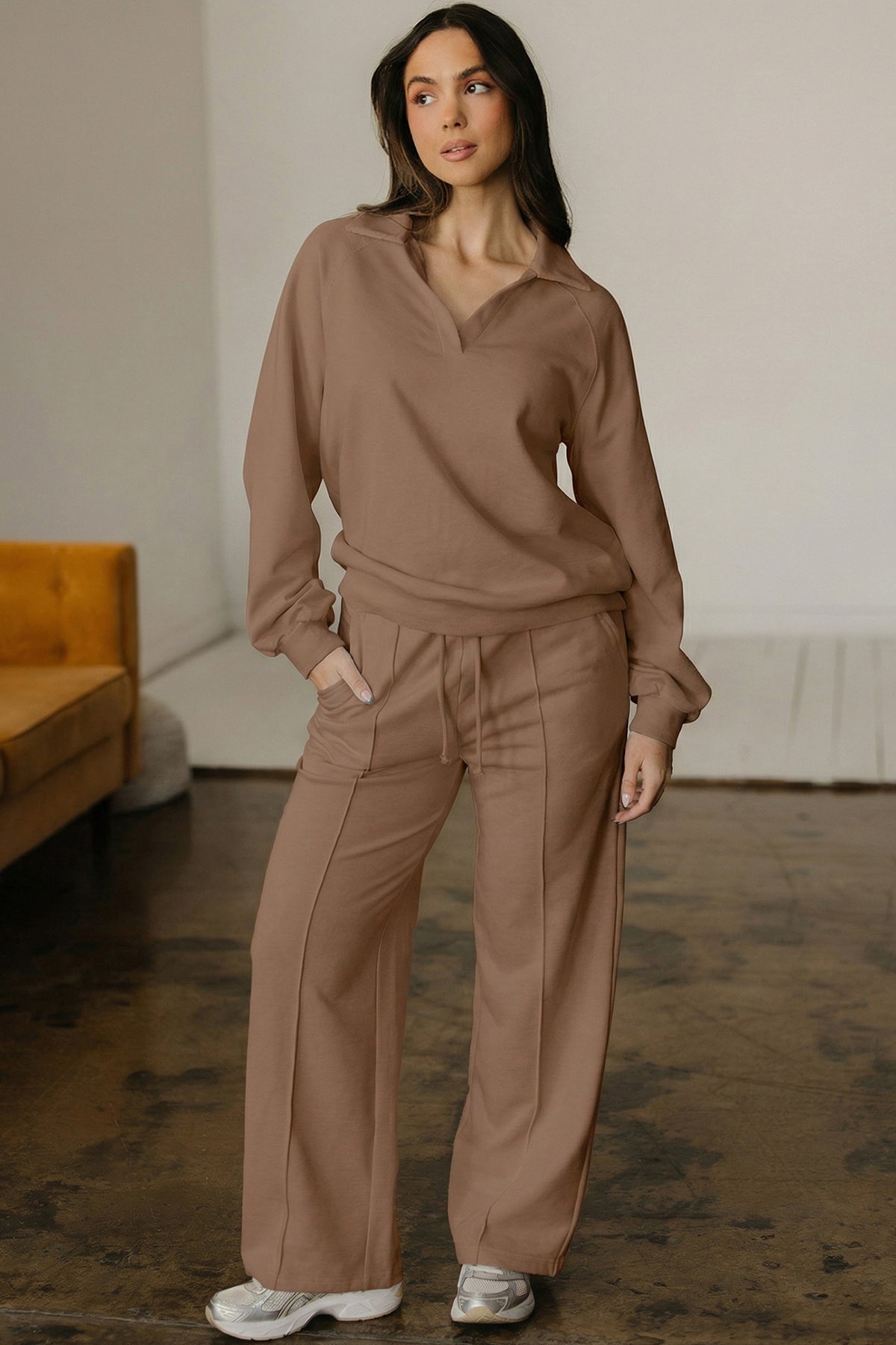 Light Grey Polo Collar V Neck Pullover and Drawstring Sweatpants Set
