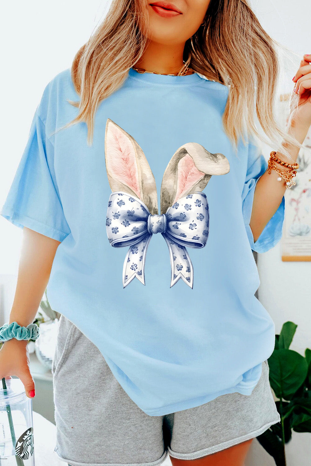 Light Blue Easter Bunny Ears Coquette Bow Graphic Tee