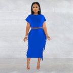 FashionableStyle Solid Color Fringe Round Neck Short Sleeve Long Dress Two-Piece Set