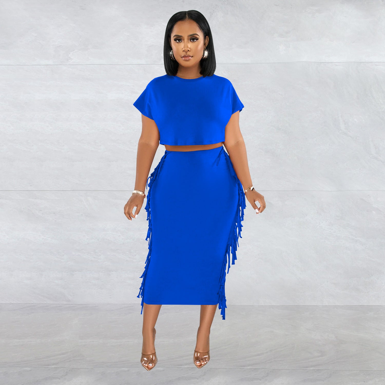 FashionableStyle Solid Color Fringe Round Neck Short Sleeve Long Dress Two-Piece Set