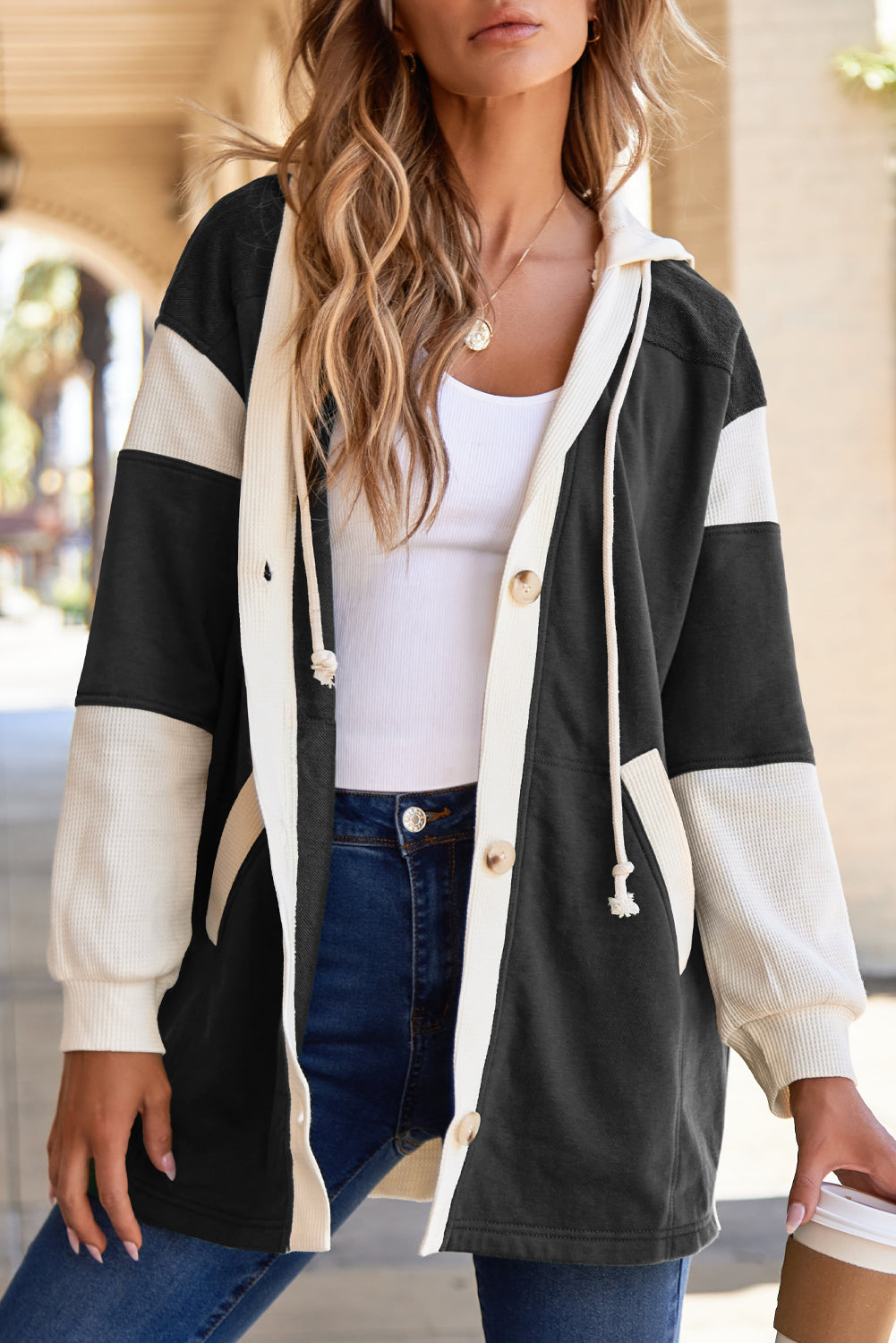 Light French Beige Waffle Contrast Knit Color Block Patchwork Button Front Oversize Hoodie