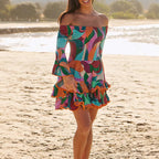 Chiffon Abstract Print One-Shoulder Flared Sleeve Ruffle Mini Dress Full Print Long Sleeve Dress
