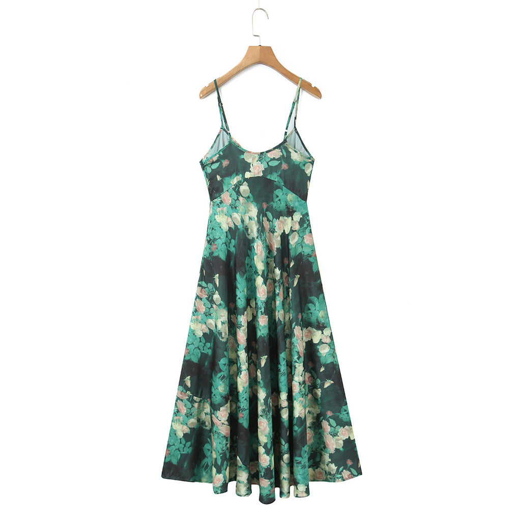Vacation Style Dark Green Base Crying Rose Print Ankle-Length Dress for Women