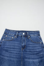Dark Grey Irregular Distressed Bottom Denim Midi Skirt