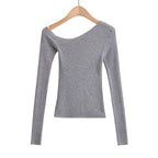 Slanted shoulder off shoulder slim fit long sleeved top