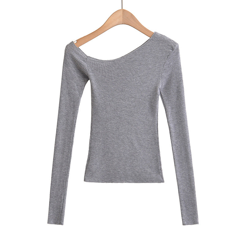 Slanted shoulder off shoulder slim fit long sleeved top
