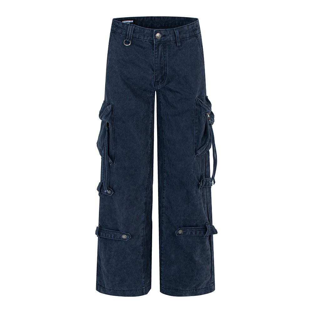 Style High-End Belted Large Pocket Cargo Pants for Men, Retro Streetwear Loose Straight Leg Casual Long Pants