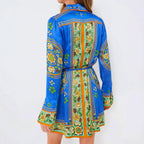 Chic Printed Belted Waist Vacation Long Sleeve Dress with Turn-Down Collar and Flared Sleeves for Women