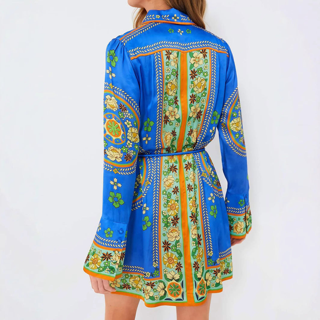 Chic Printed Belted Waist Vacation Long Sleeve Dress with Turn-Down Collar and Flared Sleeves for Women