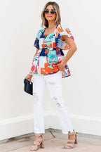 Sky Blue Tropical Printed Square Neck Flutter Sleeve Babydoll Blouse