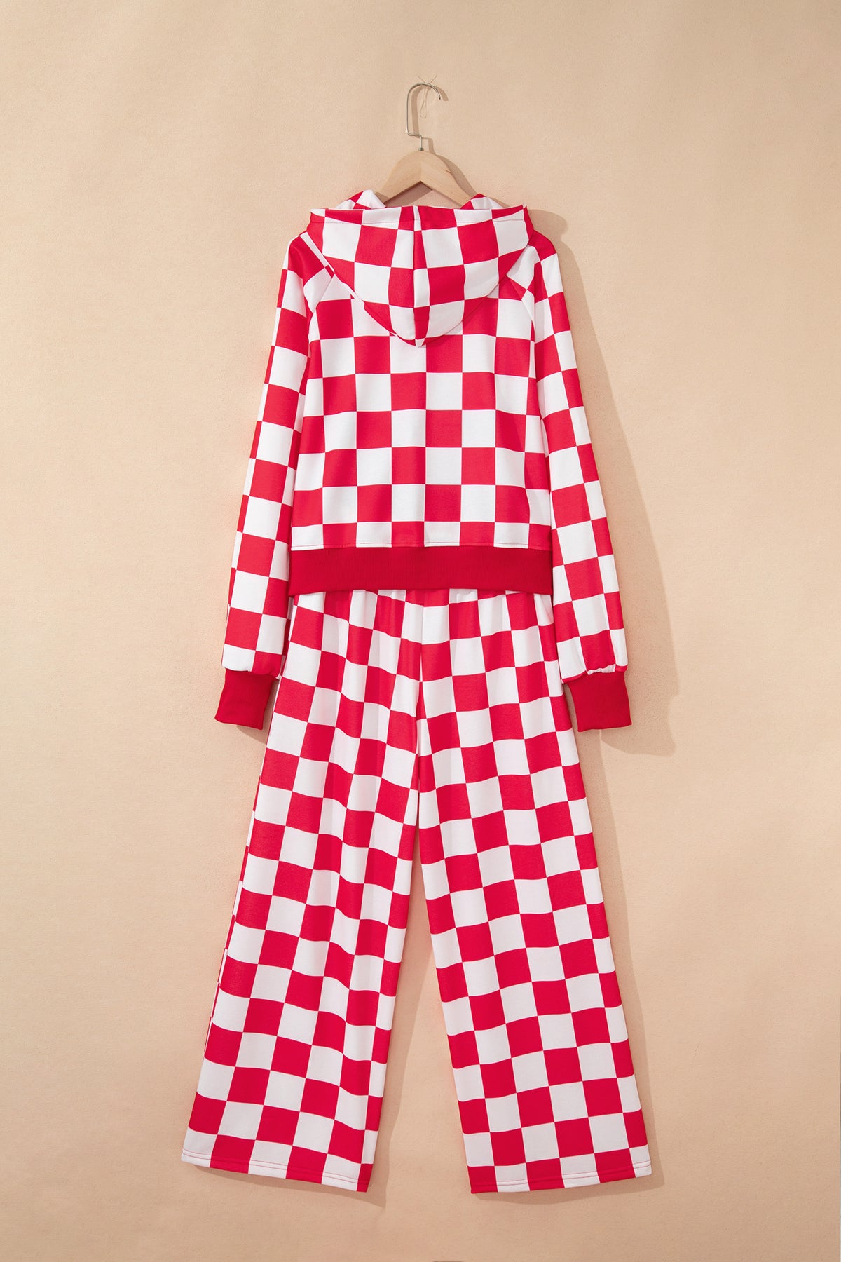 Red Checkered Print Half Zip Hoodie Loose Pant Set