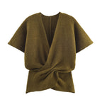 Women's pleated short sleeved knitted sweater