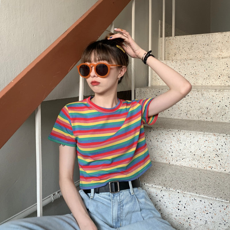 Cec Loose Rainbow Stripe Short Sleeve T-Shirt Women Ins Trendy Summer Crop Top