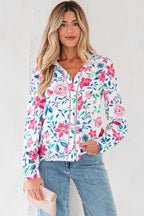 Pink Floral Print Lace Detail Button-up Long Sleeve Shirt