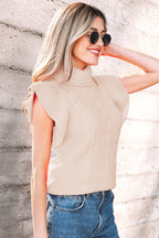 Jet Stream Cable Knit Turtleneck Ruffled Short Sleeve Sweater