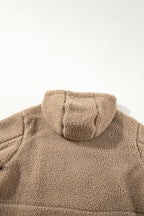 Beige Fleece Zip Up Drawstring Hooded Pocketed Jacket