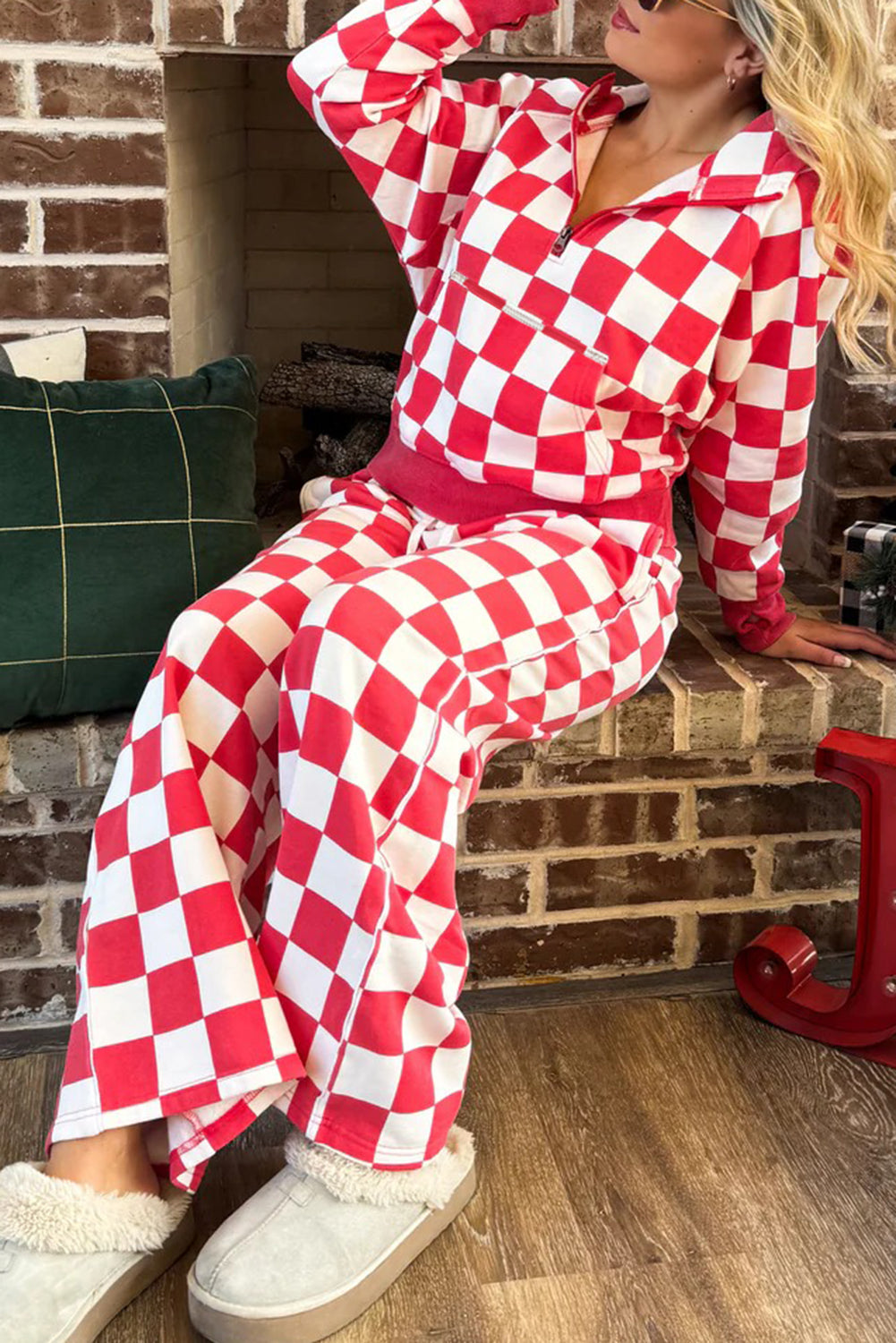 Red Checkered Print Half Zip Hoodie Loose Pant Set