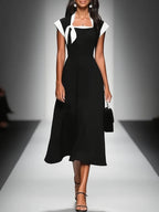 Elegant Vintage Square Neck  Dress with Bow Detailing