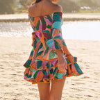 Chiffon Abstract Print One-Shoulder Flared Sleeve Ruffle Mini Dress Full Print Long Sleeve Dress
