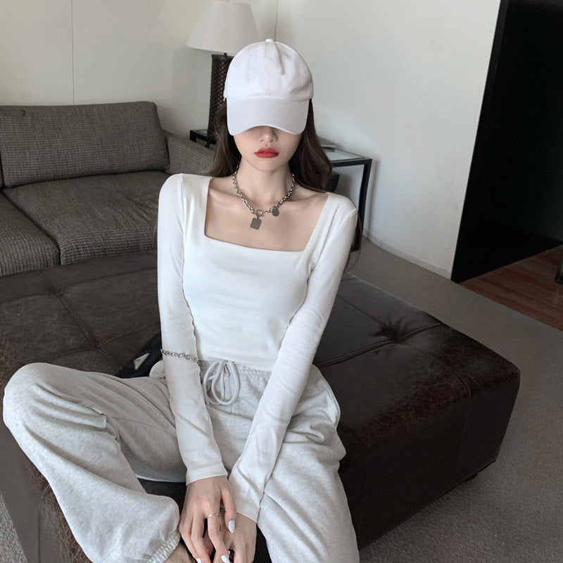 T-shirt Innerwear Vintage Fitted Top for Women Long Sleeve Early Autumn Square Neck Basic Shirt Trendy