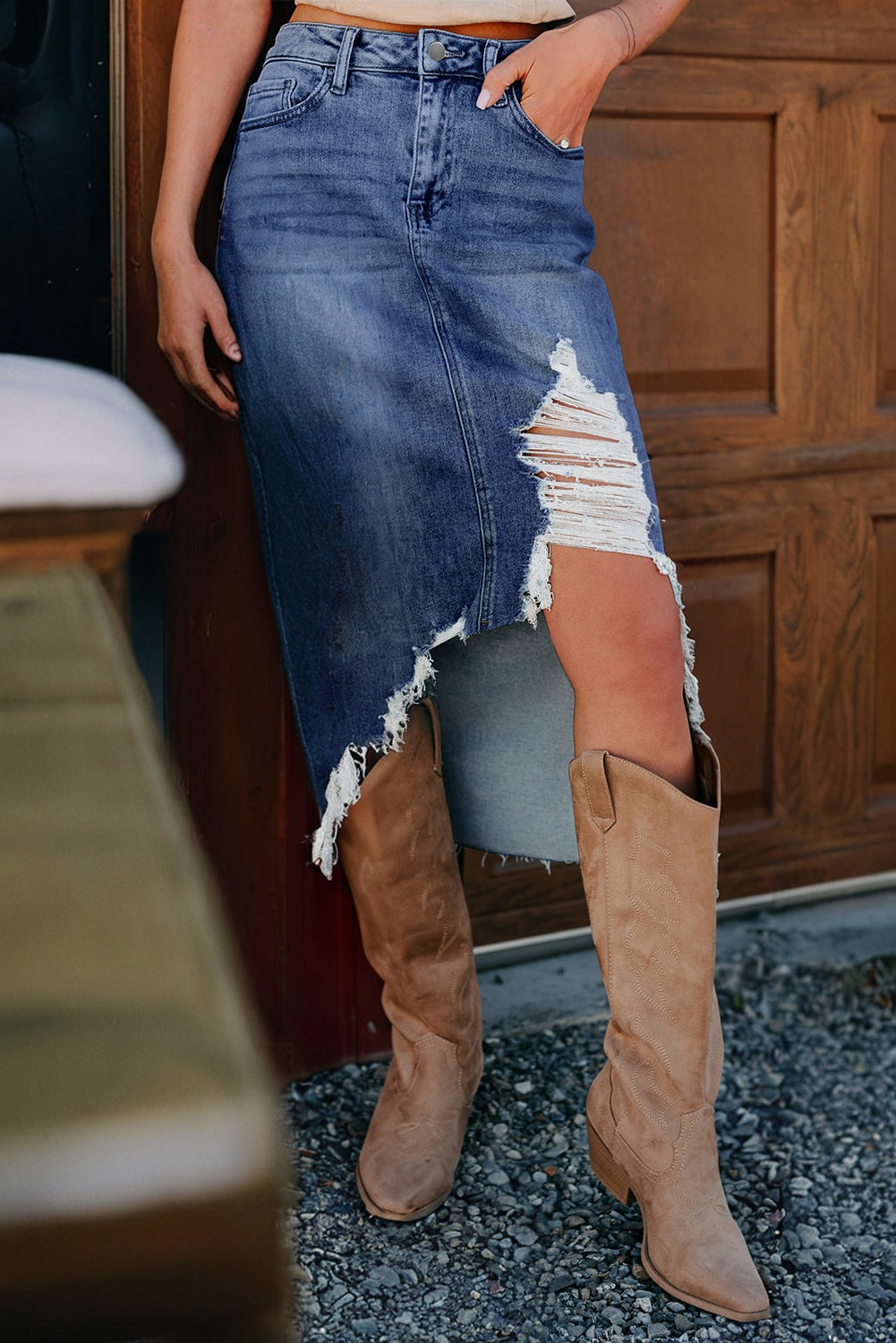 Dark Grey Irregular Distressed Bottom Denim Midi Skirt