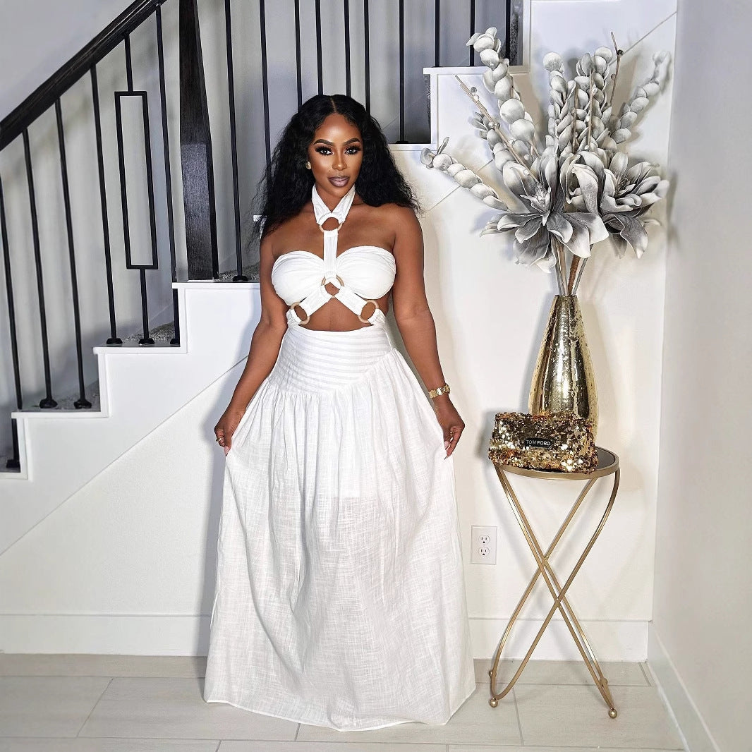 Women's Padded Strapless Top with Halter Neckline and Long Dress Two-Piece Set