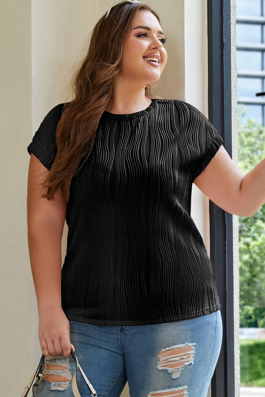 Rose Red Solid Color Wavy Textured Plus Size Tee