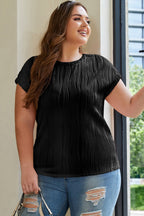 Rose Red Solid Color Wavy Textured Plus Size Tee