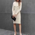 Fashionable Knit Long Sleeve High Elastic Bodycon Dress with Mid Neck Round Neck Pullover Sweater Dress