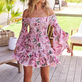 One-Shoulder Floral Print Flared Sleeve Ruffle Short Dress Full-Print Long Sleeve Dress