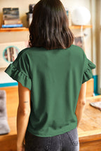 White Solid Color Ribbed Ruffled Short Sleeve T Shirt