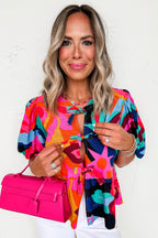 Red Abstract Floral Print Front Tied Puff Sleeve Babydoll Blouse