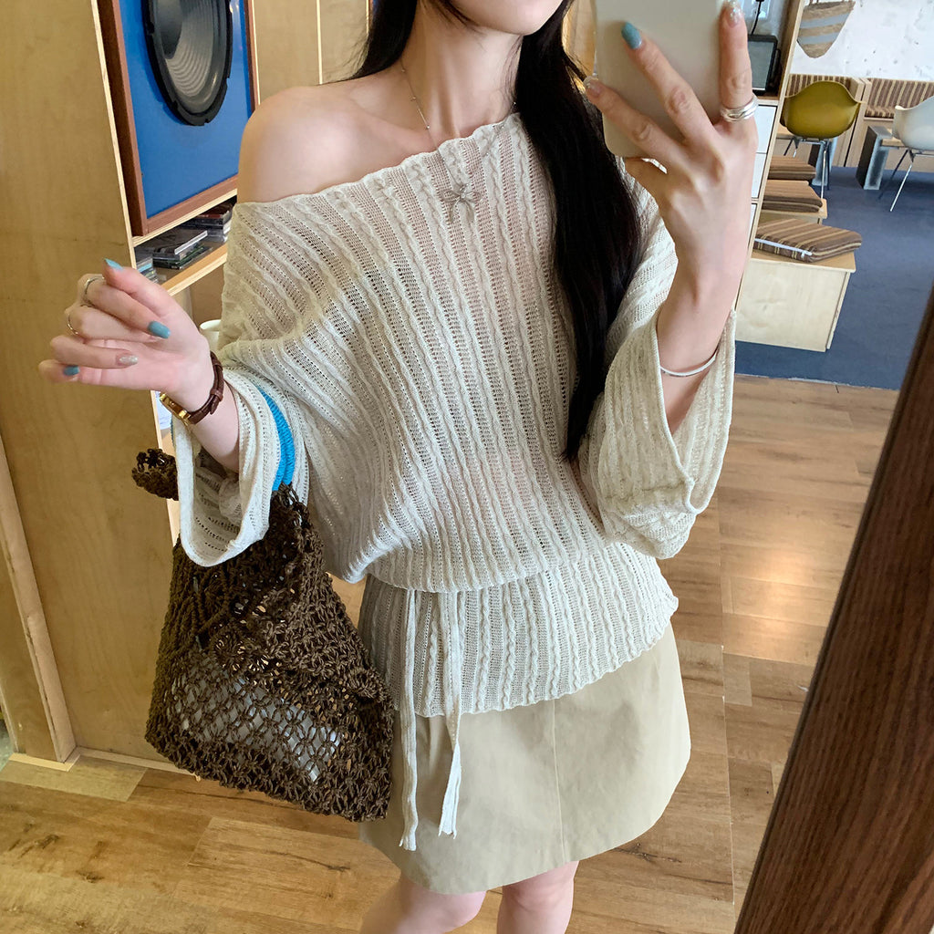 Lace-up Loose Fitted Sheer Knit Cardigan for Women, Sexy Slimming Top with Racerback Design
