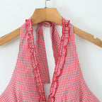 Spicy girl short red checkered neck hanging dress