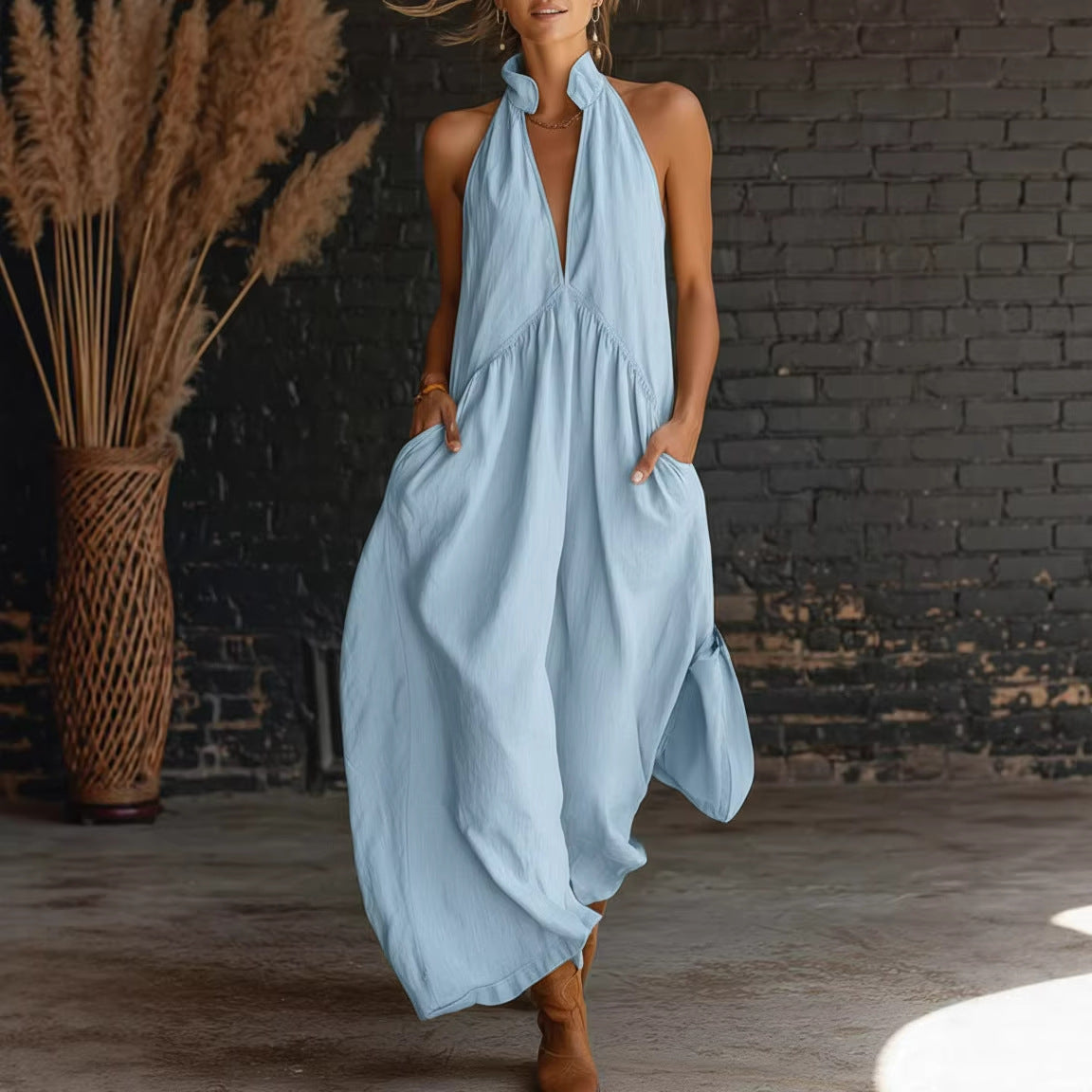 Style Sleeveless Stand Collar Solid Color Long Vacation Dress for Women