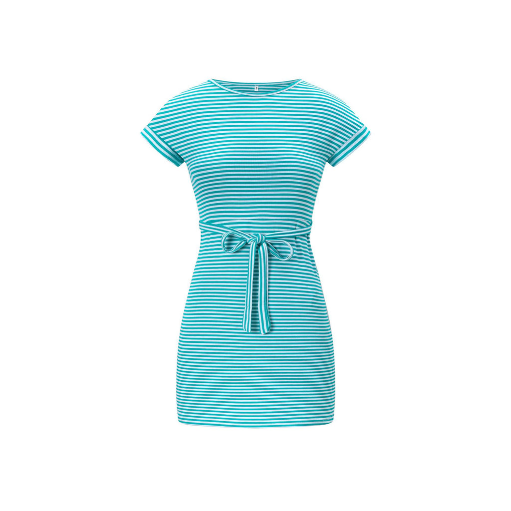 Round neck short sleeved waist tied striped dress for women