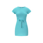 Round neck short sleeved waist tied striped dress for women