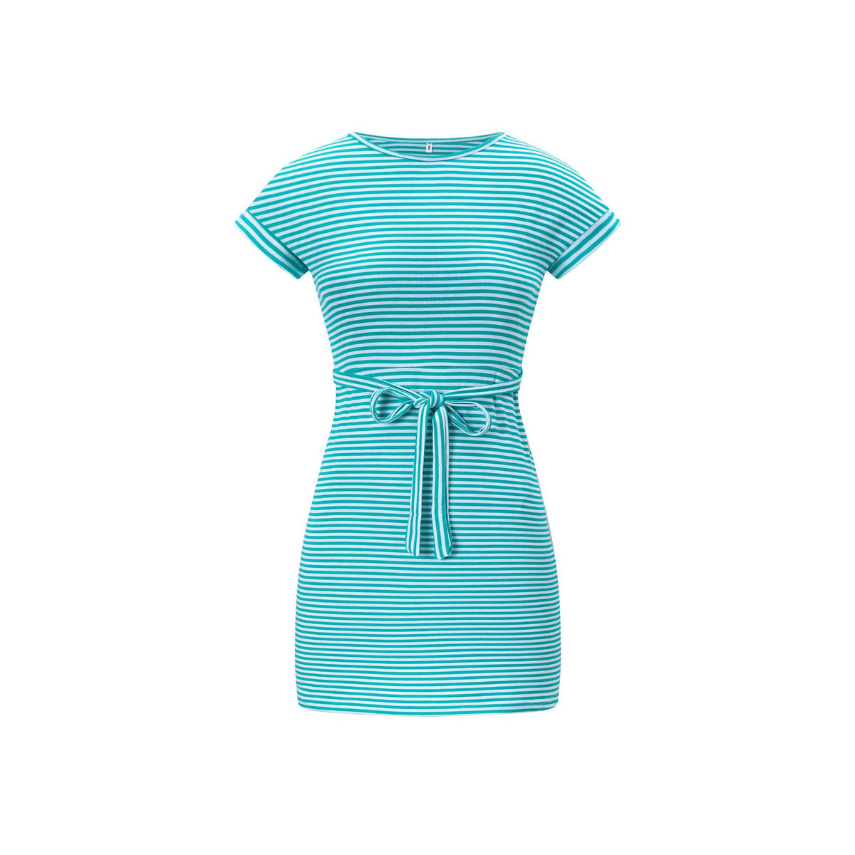 Round neck short sleeved waist tied striped dress for women