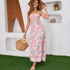 Real Shot Ethnic Print Bohemian Tie-up Backless Dress Beach Summer Strap Long Dress