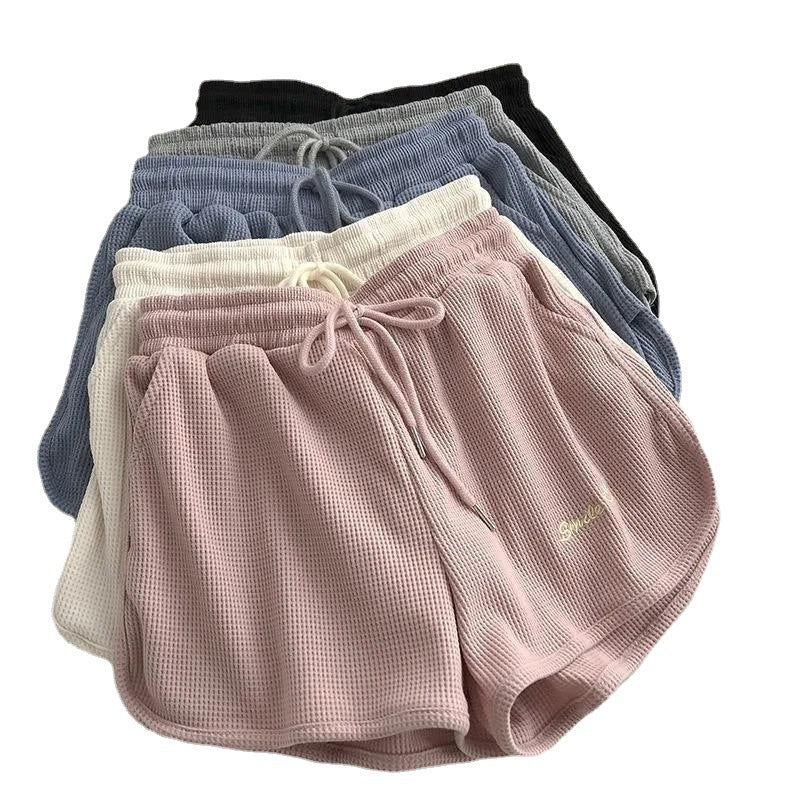 Waffle Knit Sweat Shorts for Women Summer Casual Loose High Waist Home Wear Wide Leg Hot Pants Outerwear