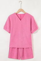 Apricot Textured V Neck T Shirt and Shorts Set