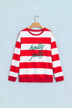 Red Stripe holly jolly Letter Embroidered Pullover Sweatshirt